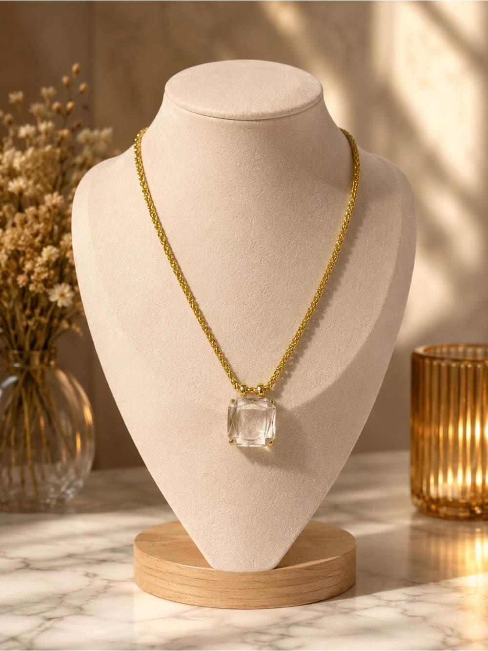 SWAROVSKI Square Crystal Pendant Gold Tone Rope Chain Necklace 24"